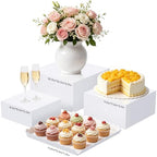 Acrylic Buffet Risers, 4 PCS White Large Food Display Stands for Party Table, Display Risers Cube Box with Hollow Bottom for Dessert Catering Party Supply, Square Scalloped Acrylic Serving Tray for Cupcake by JINGOYUE