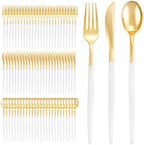 I00000 300 Pcs Gold Plastic Silverware Set, Gold Utensils with White Handle by I00000