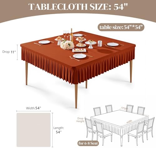Wish Care Rust Spandex Tablecloths for 54x54 Inch Square Tables, Stretch Fitted Table Clothes with Pleated Ruffle Skirt for 54” Table, Wrinkle Free and Elastic, for Party Kitchen Home Dining - Image 2