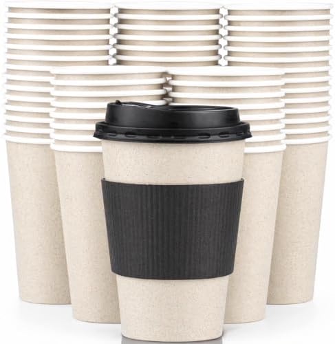 Promora 12 oz Natural Cream Disposable Coffee Cups with Lids & Sleeves, Hot Coffee Cup Sleeves Disposable, Premium Insulated To Go Coffee Paper Cups with Lids & Sleeves (12 oz, Pack of 80) by Promora