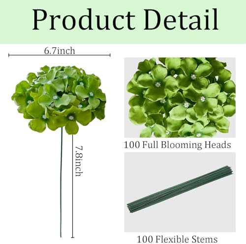 100 Pcs Faux Deep Green Hydrangea Artificial Flowers Bulk, Fake Silk Hydrangea Flowers Heads with Stems for Wedding Decorations Garden Party Baby Shower Porch Home Decor Table Centerpieces - Image 3