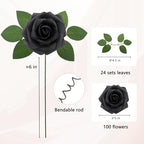 100Pcs Black Artificial Flowers Realistic Roses, Real Looking Fake Roses with Stem for DIY Wedding Bouquets Centerpieces Bridal Shower Party Home Romantic Decorations (Black, 100pcs) - Image 2