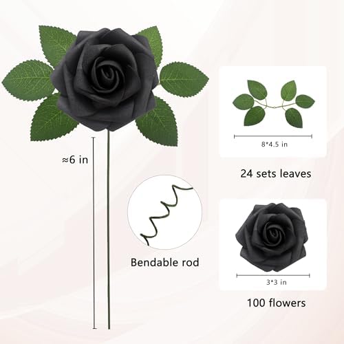 100Pcs Black Artificial Flowers Realistic Roses, Real Looking Fake Roses with Stem for DIY Wedding Bouquets Centerpieces Bridal Shower Party Home Romantic Decorations (Black, 100pcs) - Image 2