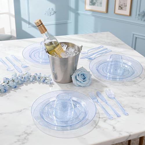 DaYammi 350PCS Blue Glitter Plastic Dinnerware Set for 50 Guests - Image 4
