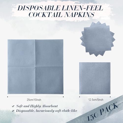 150 Pcs Dusty Blue Cocktail Napkins Disposable 10 x 10" Linen - Image 2