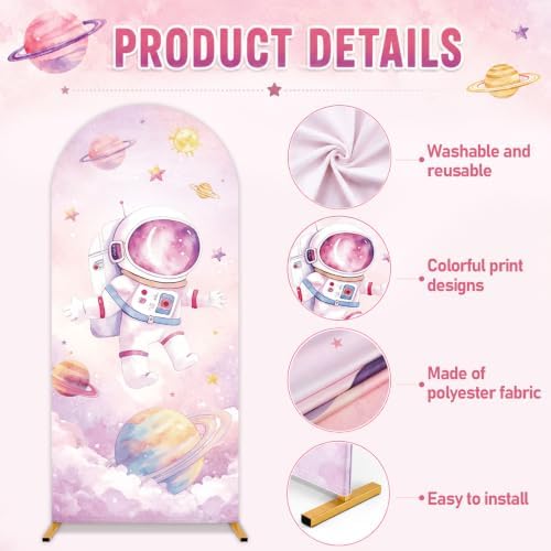 3Pcs Outer Space Arched Backdrop Covers Pink Astronaut Party Decorations - Image 3