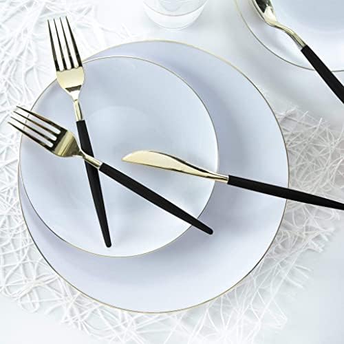 Luxe Party 128 Pieces Two Tone Plastic Disposable Cutlery | Forks-Spoons-Knives | Full Size | Chic Round | Black and Gold - Image 5