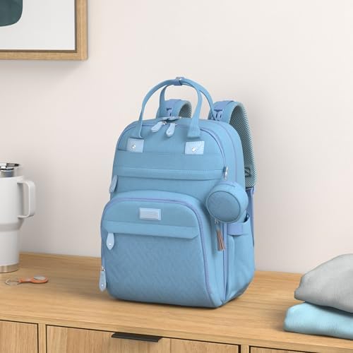 BabbleRoo Diaper Bag Backpack - Baby Essentials Travel Tote - Multi function Water Resistant Diaper Bag, Travel Essentials Baby Bag with Changing Pad, Stroller Straps & Pacifier Case - Light Blue - Image 2