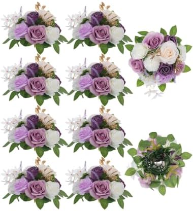 BLOSMON Artificial Flowers Ball Wedding Centerpieces 10 Pcs Lilac Rose Artificial Flower Center Pieces Decoration for Table Silk Kissing Ball Faux Floral Bouquet Arrangements for Home Party DIY Decor by Blosmon