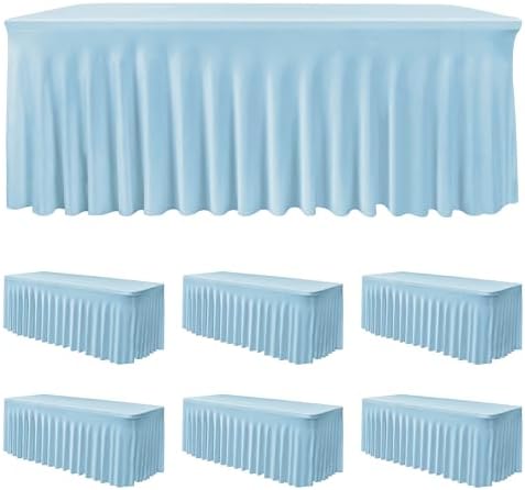 6 Pack Baby Blue Spandex Table Covers 6ft Rectangle Ruffle Skirts for Party by HolidayIdeas