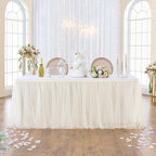 108in Ivory Tulle Table Skirts for Rectangle Tables 6/8/4ft, 2 Layer Gold Grim Ruffle Cream Tulle Tutu Table Skirt 9ft Decor Wedding Birthday Party Baby Shower Cake Dessert Tables(No Table Cover) by ENJOYYOURPARTY