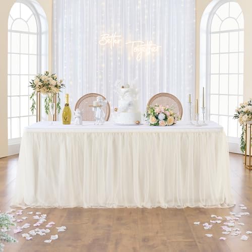 108in Ivory Tulle Table Skirts for Rectangle Tables 6/8/4ft, 2 Layer Gold Grim Ruffle Cream Tulle Tutu Table Skirt 9ft Decor Wedding Birthday Party Baby Shower Cake Dessert Tables(No Table Cover) by ENJOYYOURPARTY