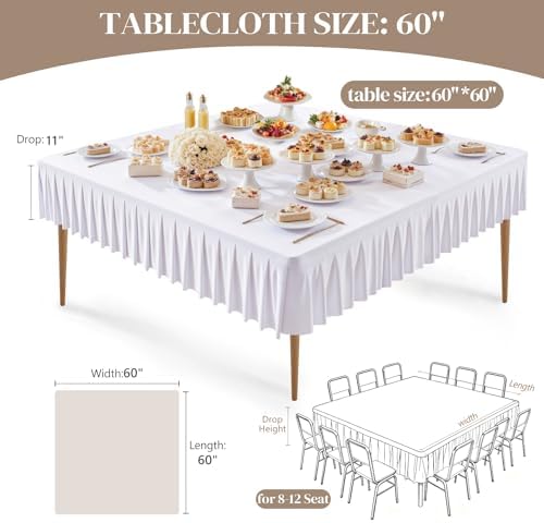 Wish Care White Spandex Tablecloths for 60x60 Inch Square Tables, Stretch Fitted Table Clothes with Pleated Ruffle Skirt for 60” Table, Wrinkle Free and Elastic, for Party Kitchen Home Dining - Image 2