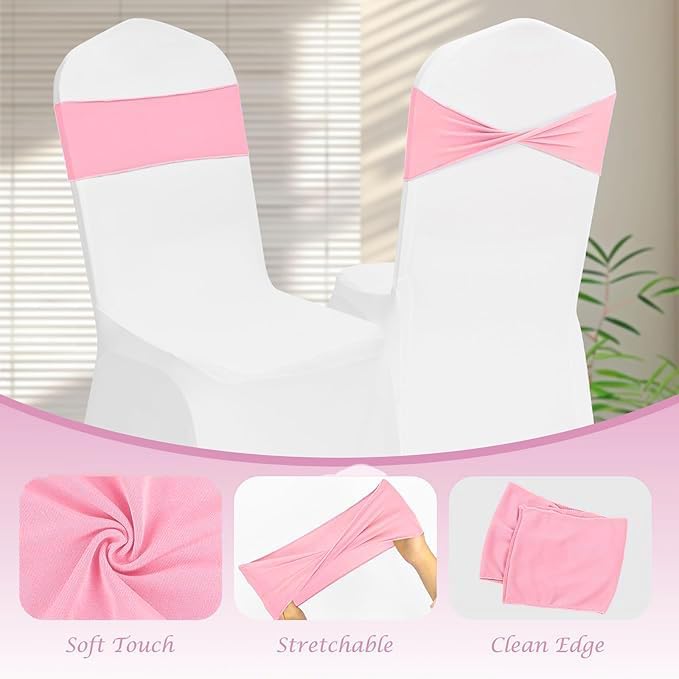 Pink Chair Sashes Bows 100 Pcs Spandex Chair Sashes Elastic Chair Cover Bands Ties Without Buckle for Wedding Birthday Party Ceremoney Events Decoration - Image 3