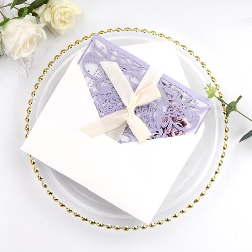50pcs Laser Cut Wedding Invitations with Envelopes and Rsvp Cards Purple - Image 4