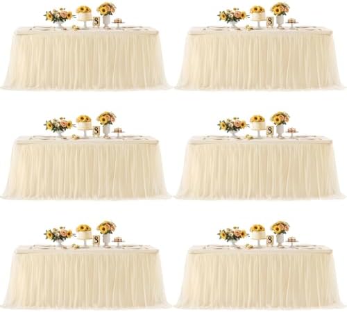 Champagne Tablecloth Rectangle Table Cover for 6 Foot Table, Champagne Tulle Table Skirt Rectangle Table 6ft Stretch Tulle Tablecloth Fitted Elastic Banquet Party Wedding Table Cloth for 6 Foot Table by HBBMAGIC