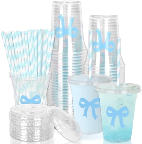 Whaline 50 Pcs Bow Disposable Plastic Cups with Lids and Straws 12 Oz Blue Bow Knot Cold Beverage Drinking Cups by Whaline