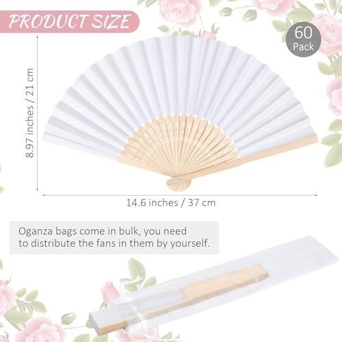 MCEAST 60 Pieces Wedding Handheld Paper Fans White Bamboo Folding Paper Fans with 60 Organza Bags Foldable Cool Wedding Favors Wedding Fans for Guests Party Favors DIY Decoration - Image 2