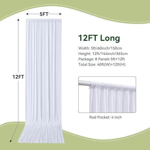 40ft×12ft Wrinkle Free White Backdrop Curtain for Wedding Parties, 8 Panels 5×12ft Long Silky Polyester Fabric Backdrop Drapes Photo Back Drop Drapery for Birthday Baby Shower Photography Background - Image 5