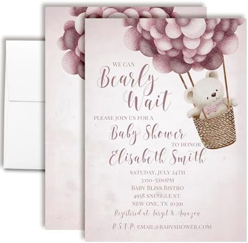Amanda Creation Teddy Bear Baby Shower Invitations, 20 Personalized 5x7 Baby Shower Invitations for Girl with Envelopes, Pink Bear Balloon Design by AmandaCreation