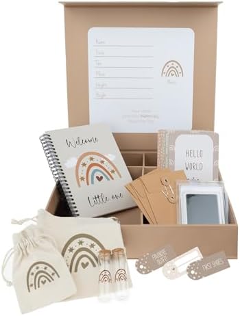 Yunioo Baby Keepsake Box with Baby Memory Book, Newborn Footprint Kit, Baby Milestone Cards, Tooth Fairy Keepsake Tubes and Memory Organizer Envelopes. Unisex Baby Shower Box for Boy or Girl by Yunioo