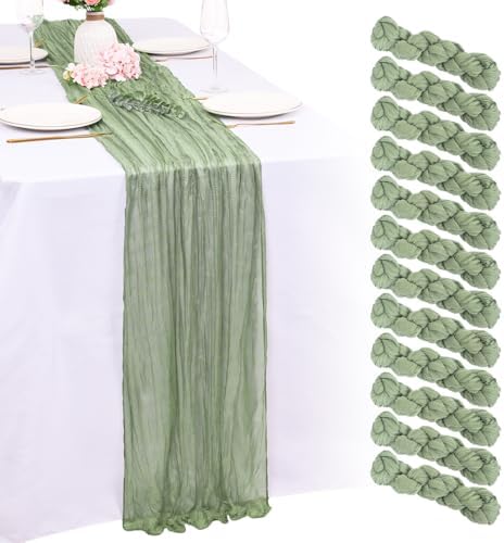 12 Pack Sage Green Cheesecloth Table Runners 21x120 Inch Boho Gauze Table Runner 10FT Long Rustic Sheer Green Table Runner for Baby Shower,Wedding,Party,Birthday,Home Table Decor by Unknown