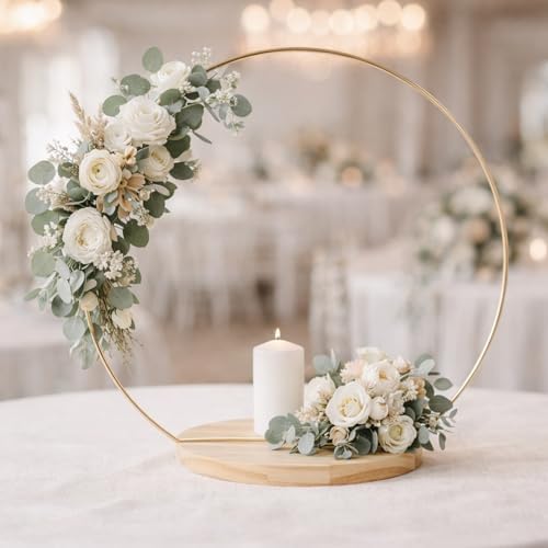 6 Pack Floral Hoop Centerpieces with Stand, 18 Inches Metal Rings for Crafts DIY Centerpieces Table Decoration with 8 Inch Large Wooden Stand Wedding Birthday Baby Shower Party Table Displays - Image 5