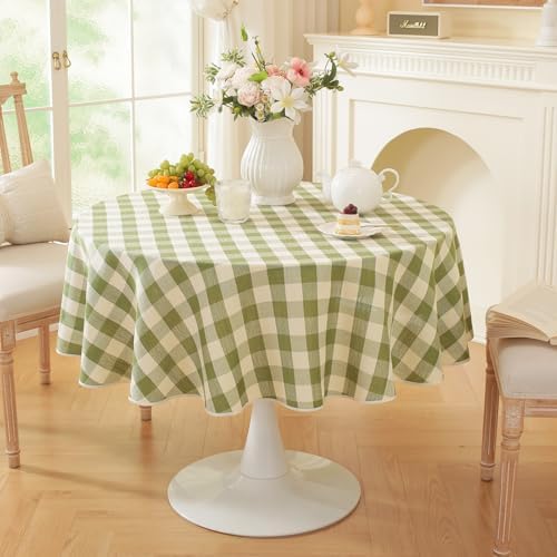 Laolitou Spring Green Gingham Tablecloth Round Tables Checkered Buffalo Plaid Table Cloth Cotton Linen Farmhouse Tablecloths Washable Wrinkle Free for Picnic Kitchen, 60", 2-4 Seats - Image 2