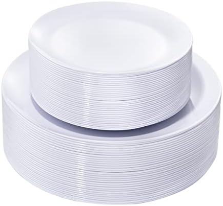 KIRE 60PCS White Disposable Plates - Heavy Duty White Plastic Plates for Party/Wedding - Include 30Pieces 10.25inch Dinner Plates and 30Pieces 7.5inch Dessert/Salad Plates by KIRE