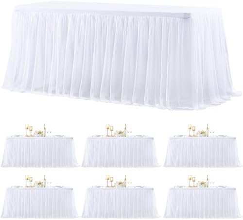 6 Pack White Table Cloth for 6 Foot Rectangle Tables, White Stretch Fitted Tulle Table Covers Skirt, Rectangular Ruffle Tutu Tablecloth Wedding Banquet Baby Shower Cake Tablecloths Decorations by Tao-GePartyDecorations