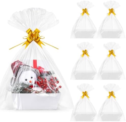 AFOROEOA 6 Pack White Gift Baskets Empty, 10x8 Thick Paper Basket with 6 Clear Bags and 6 Pull Bows, White Empty Gift Baskets for Wedding Bridal Shower Baby Shower Easter Birthday Wrapping by AFOROEOA