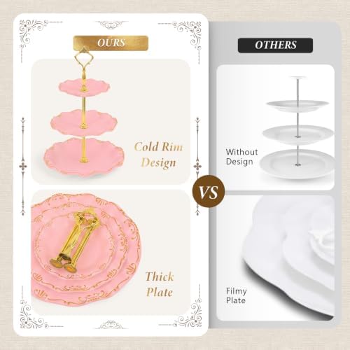 10 Pcs Cupcake Stand,Dessert Table Display Set with Gold Rim, 3 x Three-Tier and 3 x Two-Tier Cake Stands，4 x Appetizer Serving Trays for Birthday, Wedding, Baby Shower,Tea Party (Pink) - Image 5