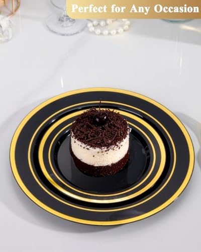 Goodluck 120PCS Black Plastic Plates with Gold Rim - Image 3