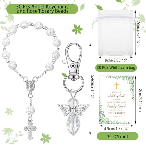 Hicarer 30 Set Baptism Favors Set Includes Angel Keychains Mini Rosary Cross Beads Favors Baptism Organza Bags with Cross Psalm Cards for Baby Shower Christian Party Supplies(White) - Image 2