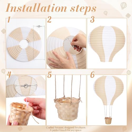 Meooeck 6 Pcs Hanging Hot Air Balloon Decorations Paper Lanterns 12 Inch Reusable Hot Air Balloon Decor Paper Lanterns Set for DIY Craft Wedding Birthday Christmas Home Living Room (Brown White) - Image 3