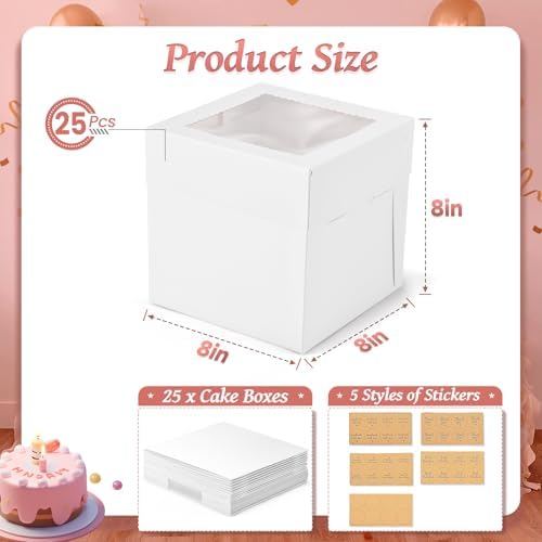 25Pcs 8x8x8 Inch Cake Boxes, White Bakery Box with Window & Stickers - Image 3