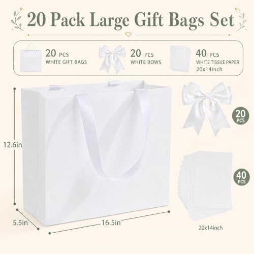 Catlovecorn 20 Pack Large White Gift Bags, 16.5 x 5.5 x 12.6 In - Image 3