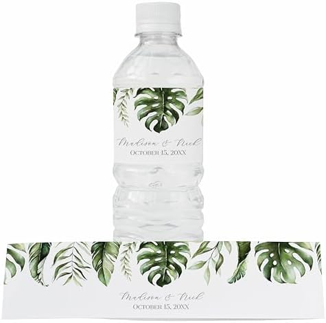 Personalized Water Bottle Labels with Choice of 30 Flower Styles - Choose Font and Pre-Made Phrases or Design Custom Text - LABELS ONLY (006 Palm Leaves, 2 inch (8.5x2")) by ThePaperedWedding