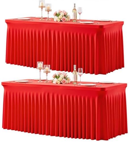 2 Pack Red Table Cloth for 6 Foot Rectangle Tables Spandex Fitted Tablecloth 6ft Stretch Table Covers Skirt Red Banquet Tablecloths Wrinkle Free Tablecloth for Party Wedding Birthday Event by Tao-GePartyDecorations