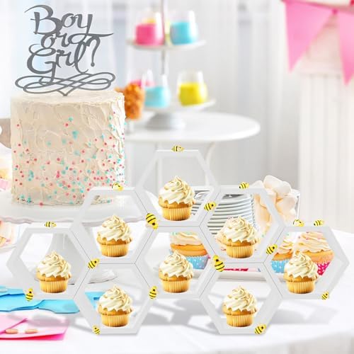 Denylo pro 8 Pcs 4.13 Inch White Cupcake Stand Hexagon Cake Farmhouse Wood Cupcake Stand with Small Bee for Baby Shower Birthday Party Table Decorations - Image 7