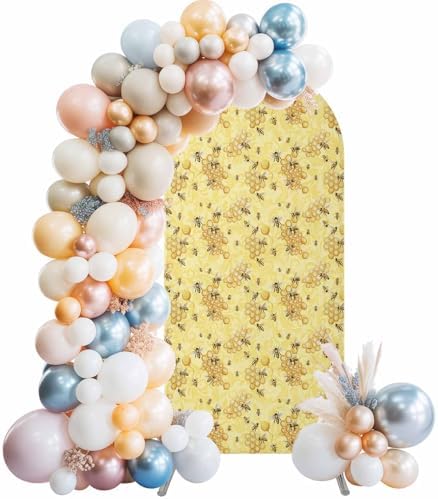 Yellow Summer Arch Backdrop Cover 6.6 ft Modern Bees Honeycomb 2 Sided Wedding Arch Covers Stretchy Backdrop Round Top for Birthday, Party, Baby Shower Decorations - Image 2