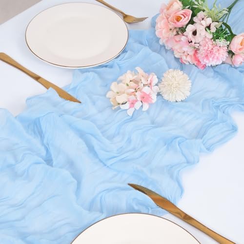 12 Pack Light Blue Cheesecloth Table Runners 21x120 Inch Boho Gauze Table Runner 10FT Long Rustic Sheer Baby Blue Table Runner for Baby Shower,Wedding,Party,Birthday,Home Table Decor - Image 2