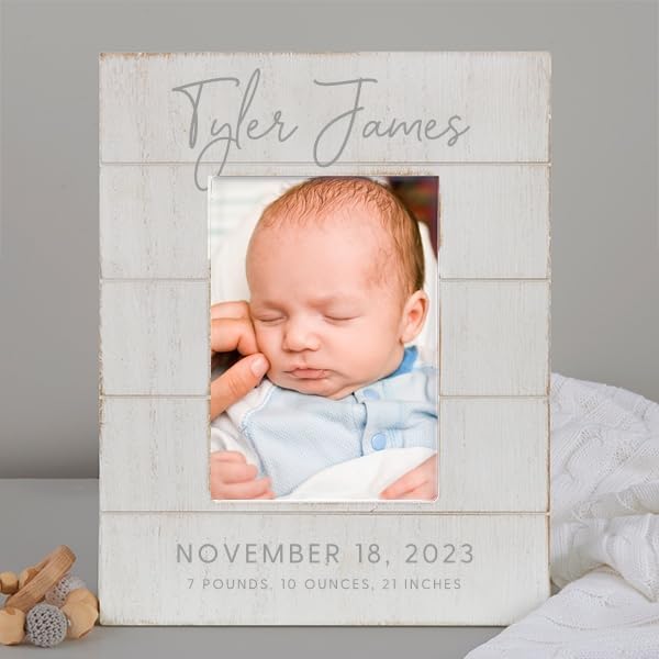 Personalization Universe Personalized Simple and Sweet Baby Shiplap Frame 5x7 Vertical Picture Frame - Rustic Whitewashed Wood Photo Frame for Newborn, Boy or Girl, Newborn & Family Pictures, Tabletop Display with Easel Back Design - Image 2