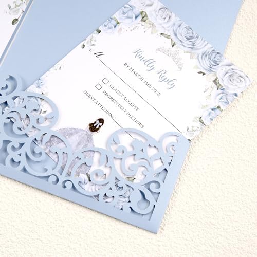 50 PCS Laser Cut Wedding Invitations Haze Blue Tri-Fold Personalized Invite - Image 5
