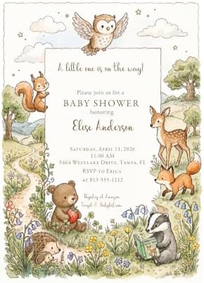 Woodland Animals Baby Shower Invitation, Watercolor Design by Handmade