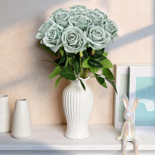 48 PCS Dusty Green Roses Artificial Flowers, Silk - Image 3