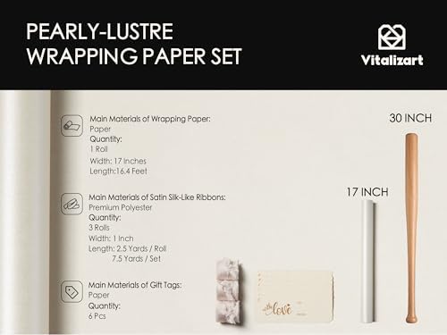 Vitalizart 17" Pearly-Lustre White Wrapping Paper Set With Silk Like Satin Ribbon & Gift Tags & 1" x 27 Yd Chiffon Silk Ribbon Mixed Color - Image 2