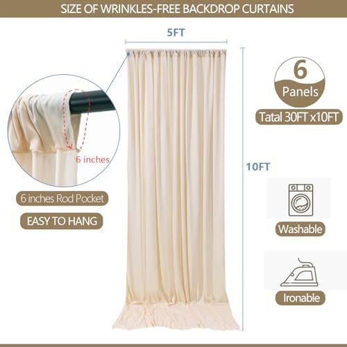 30x10ft Wrinkle Free Backdrop Curtain for Parties Soft Fabric Drapes Wedding Cream Curtain Backdrop for Birthday Party Decorations Background for Photography 5x10ft,6 Panels - Image 3