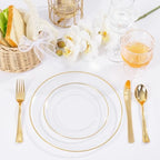 bUCLA 100PCS Clear and Gold Plastic Plates - Clear Disposable With Gold Rim Include 50 Each (10 inch Dinner & 7 inch Dessert) Plates, Ideal for Party & Thanksgiving - Image 4