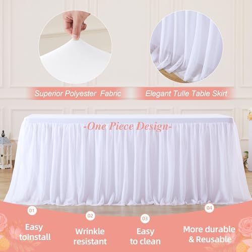 Wish Care White Tulle Tablecloth for 6 Foot Rectangle Tables Stretch Ruffle Table Cloths Tutu Desk Skirt 6ft Wrinkle Free Spandex Fitted Table Cover for Birthday Wedding Party Banquet Decorations - Image 5